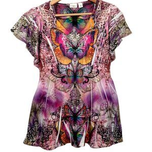 Vintage Y2K Cato Butterfly Shirt Medium Pink Purple Tue Dye Graphic Flutter Slv